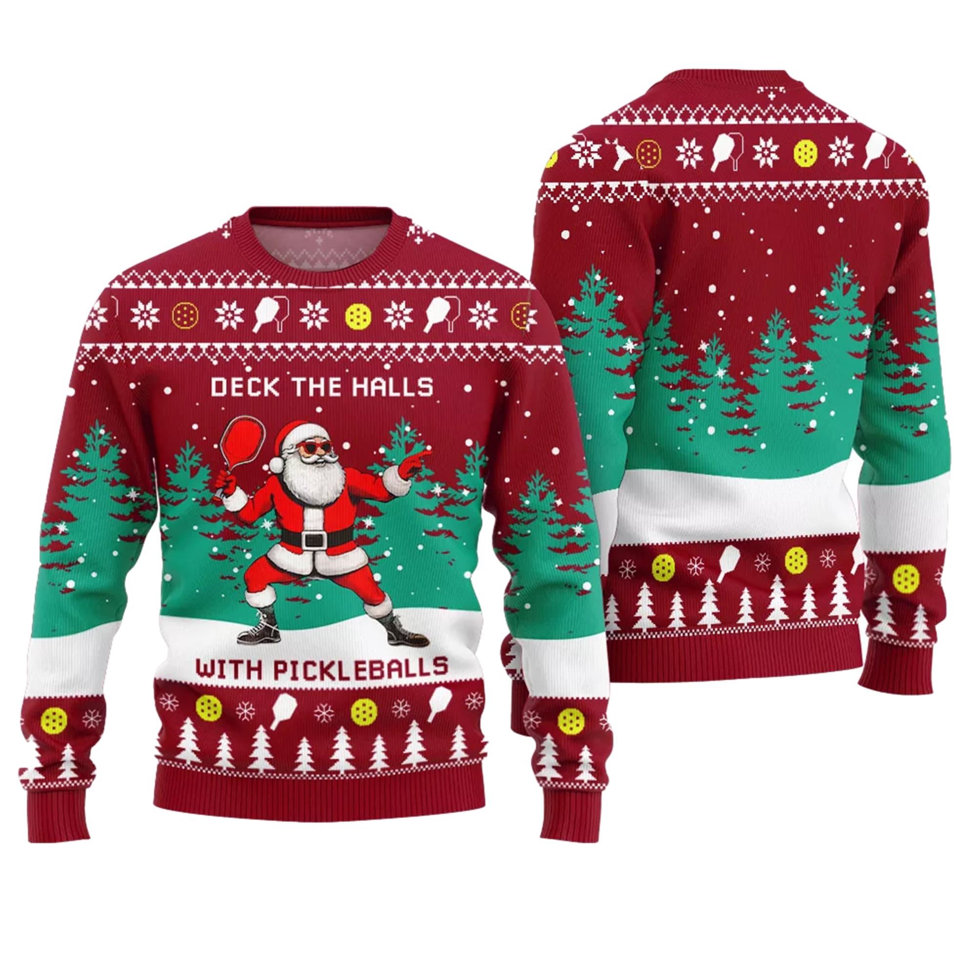 Deck The Hall Pickleball Santa Ugly Christmas Sweater - Grishko.com