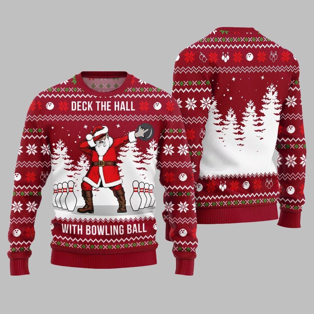 Deck The Hall Santa With Bowling Ball Ugly Sweater Christmas - Grishko.com