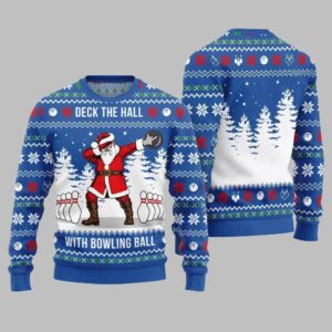 Alternative view of Deck The Hall Santa With Bowling Ball Ugly Sweater Christmas - Grishko.com