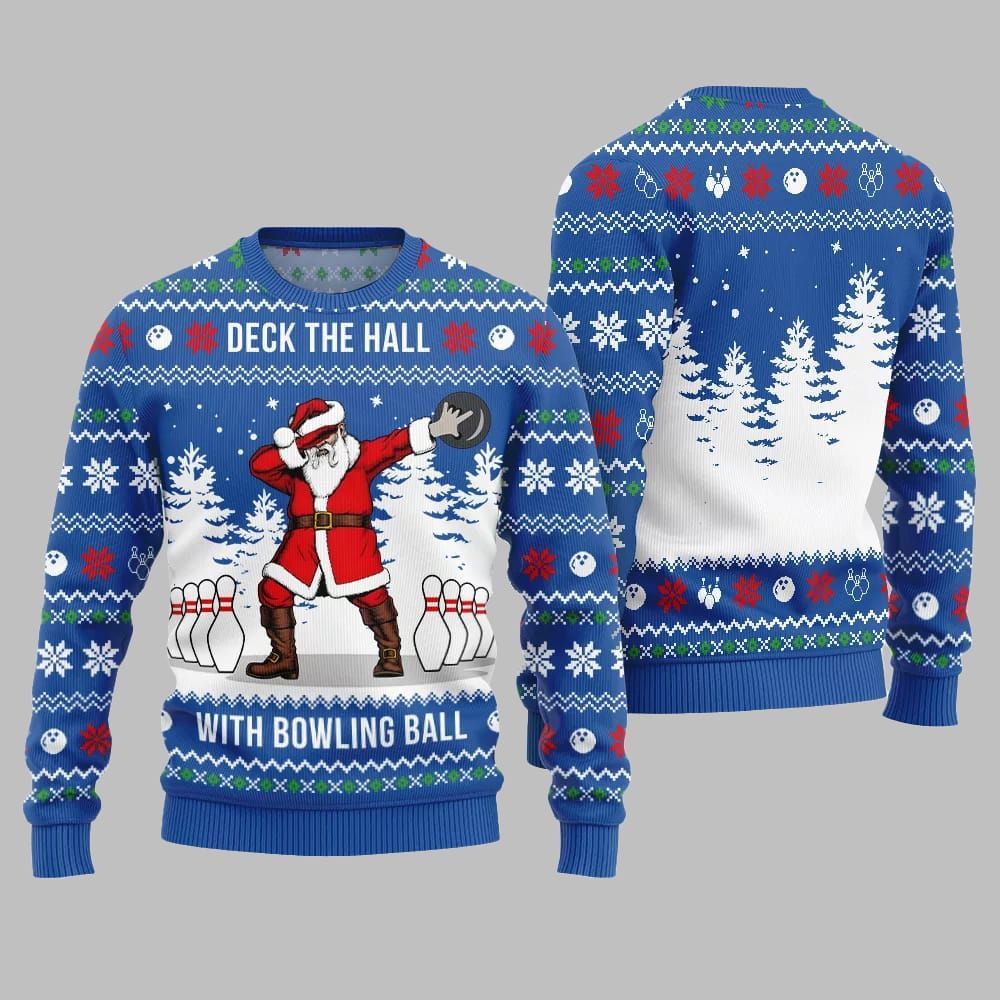 Alternative view of Deck The Hall Santa With Bowling Ball Ugly Sweater Christmas - Grishko.com