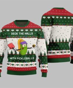 Alternative view of Deck the Halls with Pickleballs Ugly Xmas Sweater 