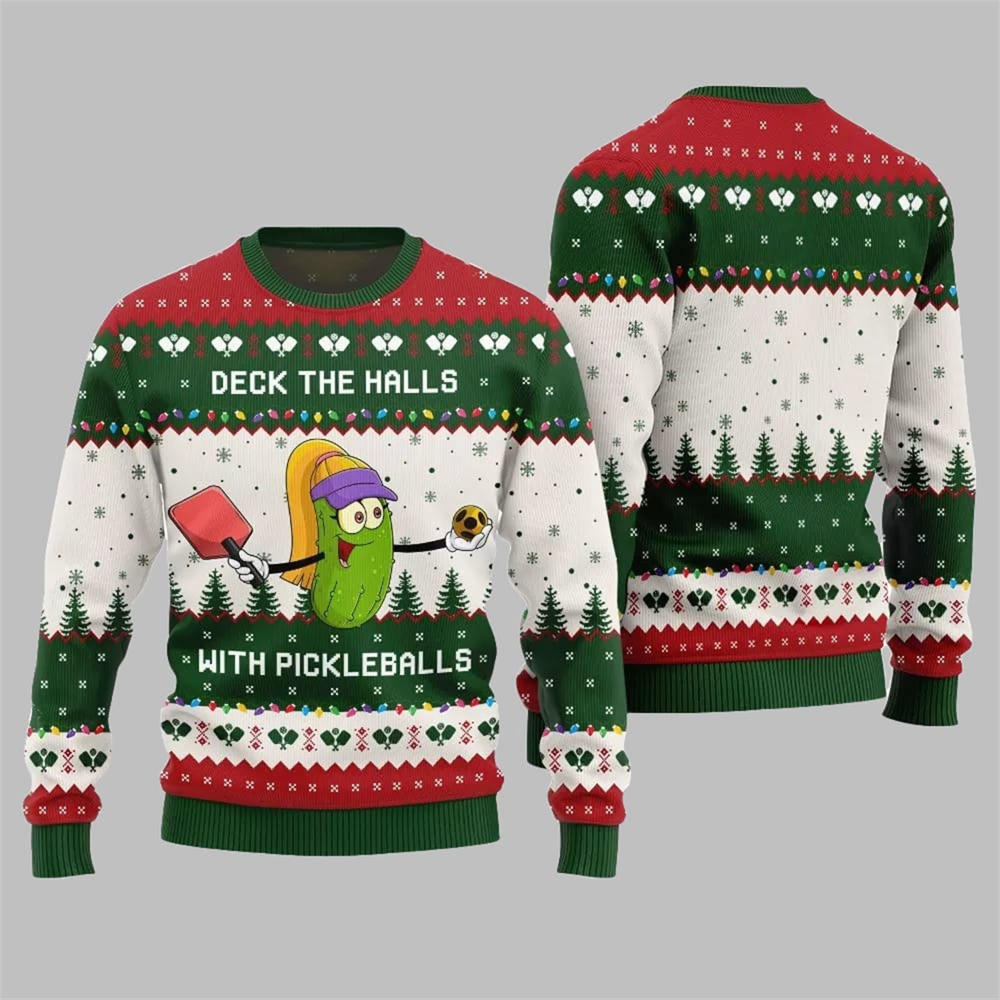 Alternative view of Deck the Halls with Pickleballs Ugly Xmas Sweater - Grishko.com