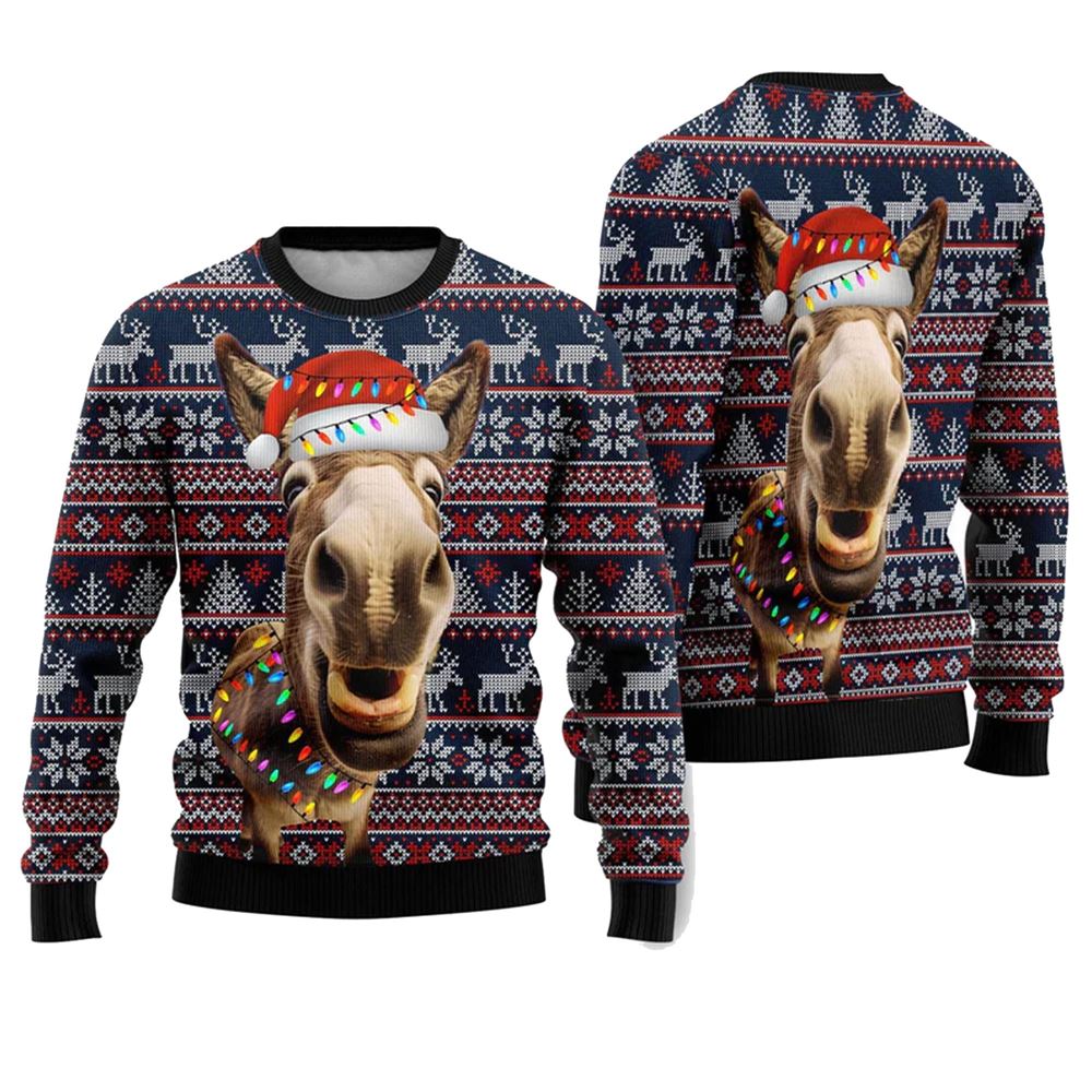 Alternative view of Donkey Funny Colorful Light Funny Ugly Christmas Sweater - Grishko.com