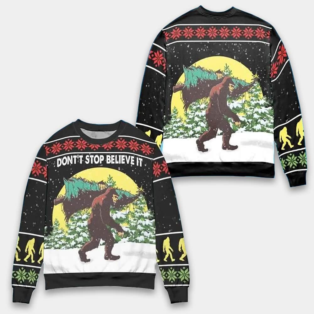Don't Stop Believin' Bigfoot Ugly Christmas Sweater