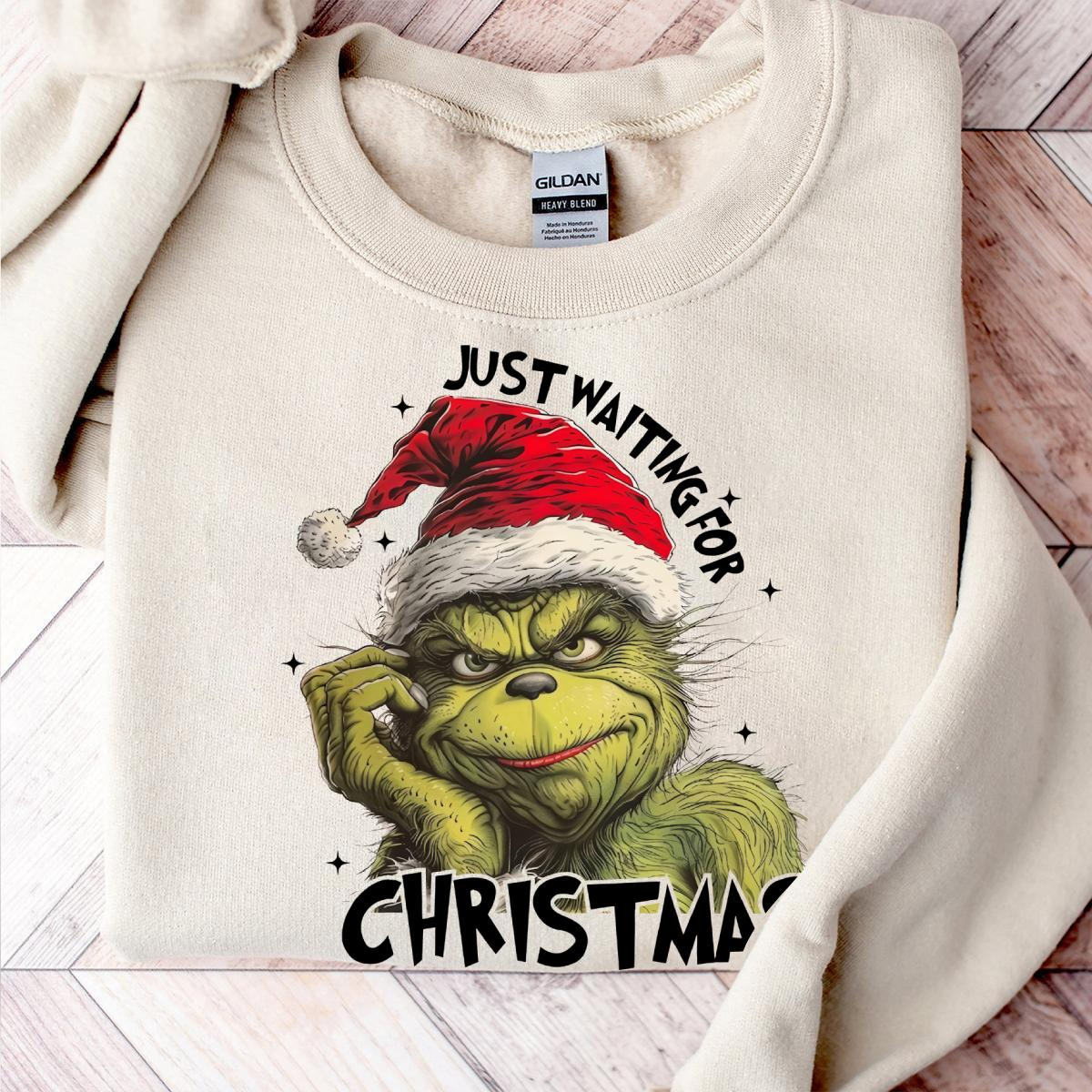 Just Waiting For Christmas Shirt, Grinchristmas Movies Sweater, Cute Gift For Christmas Holiday Tshirt, Grinchmas, Full Colors Sweatshirt For Men And Women Seasons Greetings