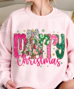 Glitter Merry Christmas, Pink Christmas, Christmas Coquette Bow, Merry And Bright, Christmas Tree, Unisex Sweater Pullover Tee Cotton Fit