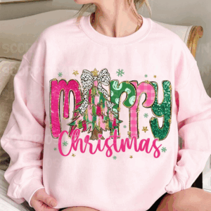 Glitter Merry Christmas, Pink Christmas, Christmas Coquette Bow, Merry And Bright, Christmas Tree, Unisex Sweater Pullover Tee Cotton Fit