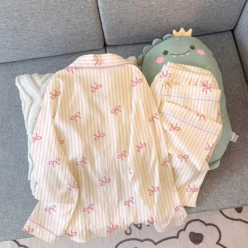 2025 Spring Autumn Women's Pajamas Set Cute Long Sleeve Crepe Sleepwear Ladies Casual Cardigan Pijamas Student Homewear Clothing - Image 11