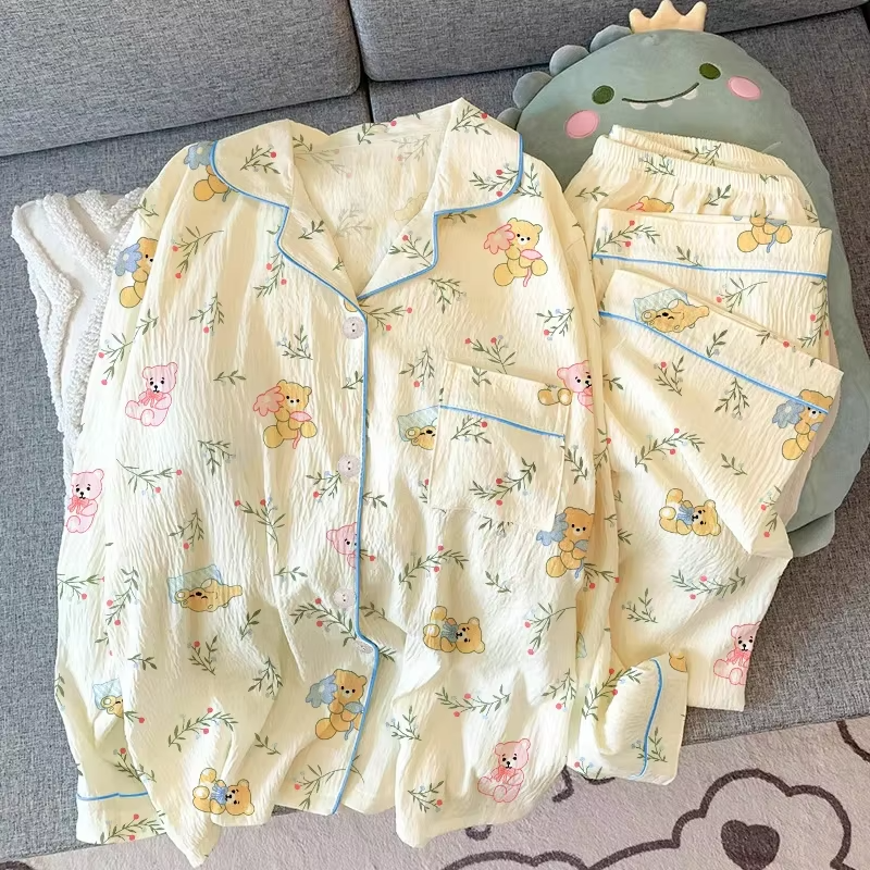 2025 Spring Autumn Women's Pajamas Set Cute Long Sleeve Crepe Sleepwear Ladies Casual Cardigan Pijamas Student Homewear Clothing - Image 6