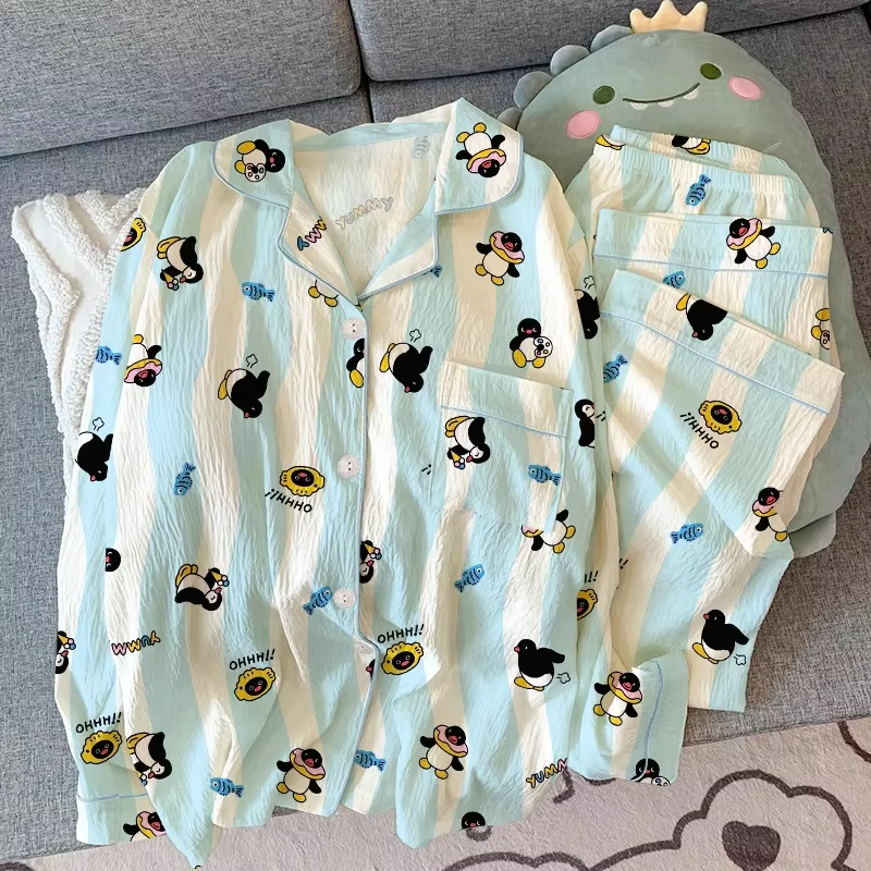 2025 Spring Autumn Women's Pajamas Set Cute Long Sleeve Crepe Sleepwear Ladies Casual Cardigan Pijamas Student Homewear Clothing - Image 3