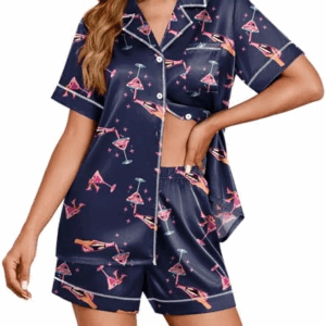 Womens Satin Silk Pajamas Set Short Sleeve Sleepwear Button Down Top and Shorts Loungewear 2 Piece Pjs Set