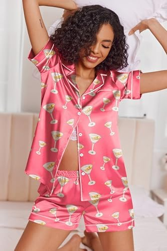 Womens Satin Silk Pajamas Set Short Sleeve Sleepwear Button Down Top and Shorts Loungewear 2 Piece Pjs Set - Image 3