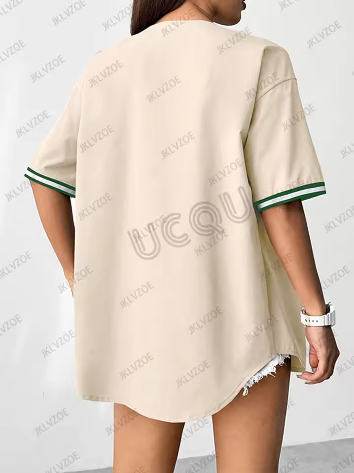 2025 Summer New Retro Patchwork Letter Printed Blouse Women Streetwear Baseball Shirt Hip Hop Short Sleeve Button Up Tops - Image 7