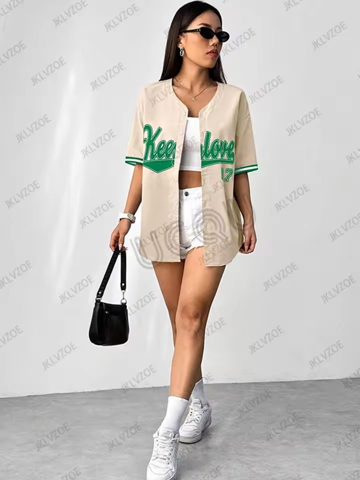 2025 Summer New Retro Patchwork Letter Printed Blouse Women Streetwear Baseball Shirt Hip Hop Short Sleeve Button Up Tops - Image 6
