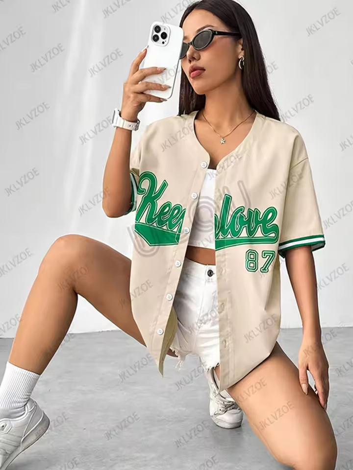 2025 Summer New Retro Patchwork Letter Printed Blouse Women Streetwear Baseball Shirt Hip Hop Short Sleeve Button Up Tops