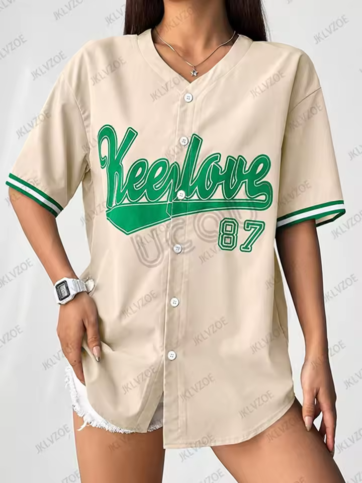 2025 Summer New Retro Patchwork Letter Printed Blouse Women Streetwear Baseball Shirt Hip Hop Short Sleeve Button Up Tops - Image 5