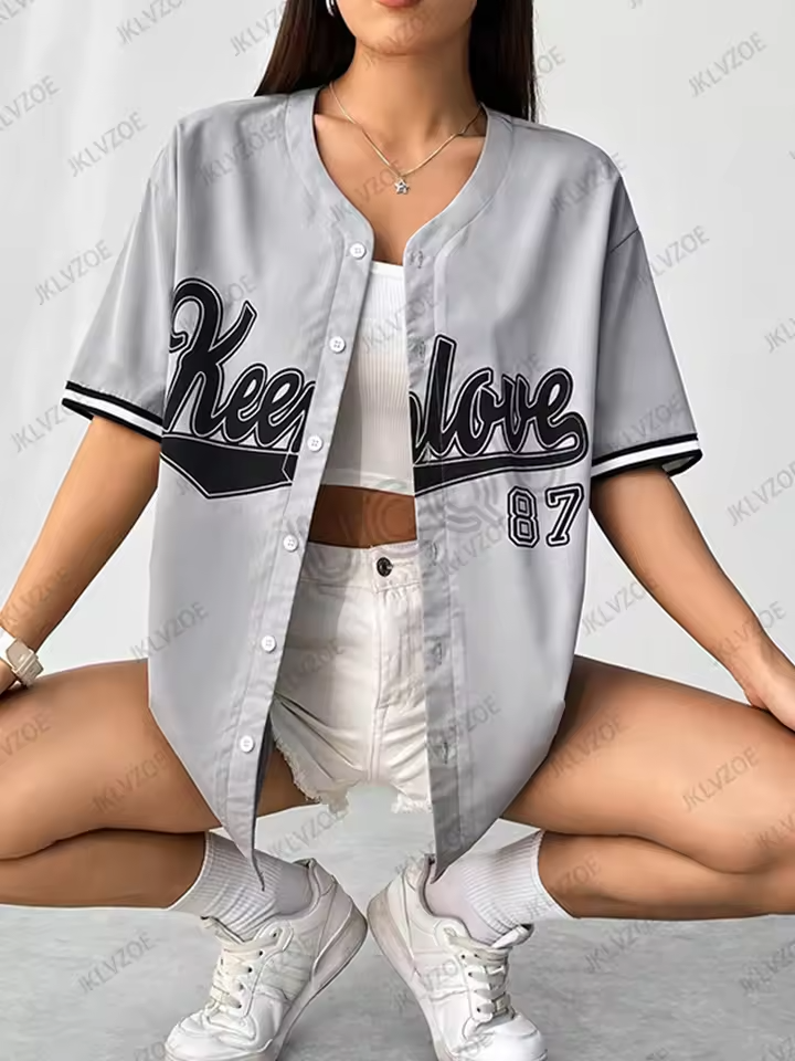 2025 Summer New Retro Patchwork Letter Printed Blouse Women Streetwear Baseball Shirt Hip Hop Short Sleeve Button Up Tops - Image 4