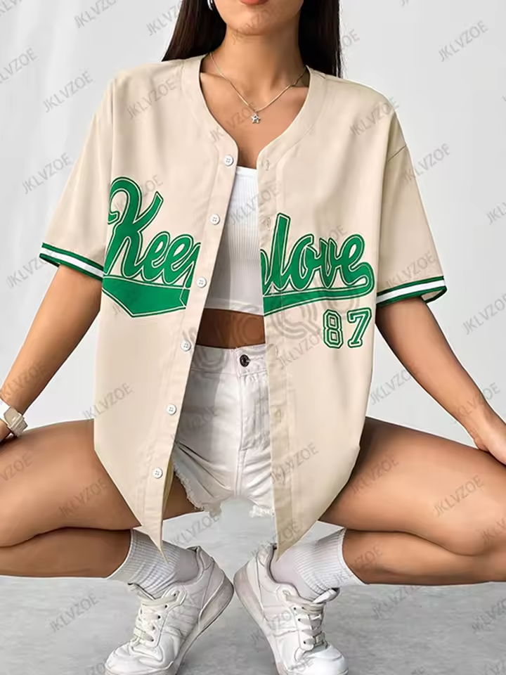 2025 Summer New Retro Patchwork Letter Printed Blouse Women Streetwear Baseball Shirt Hip Hop Short Sleeve Button Up Tops - Image 2