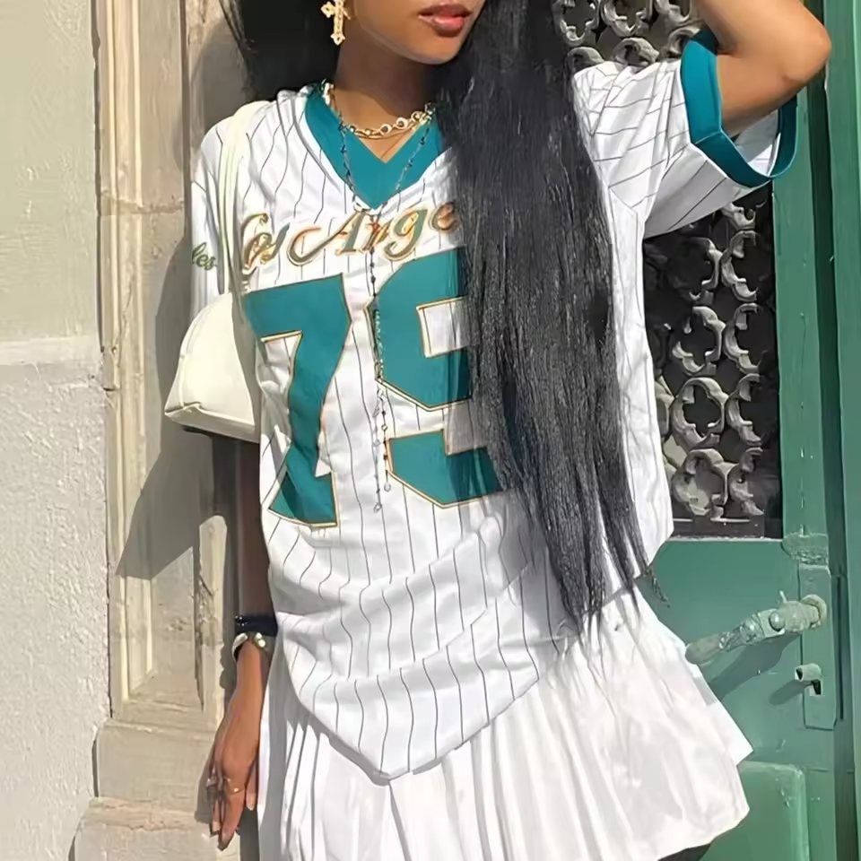 2025 Women Los AngelesLetter Print V-Neck Short Sleeve T-Shirt Summer Graphic Tee Baseball Jerseys Oversized Sport T-Shirt - Image 8