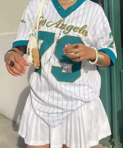 2025 Women Los AngelesLetter Print V-Neck Short Sleeve T-Shirt Summer Graphic Tee Baseball Jerseys Oversized Sport T-Shirt