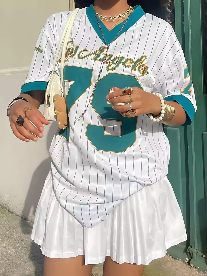 2025 Women Los AngelesLetter Print V-Neck Short Sleeve T-Shirt Summer Graphic Tee Baseball Jerseys Oversized Sport T-Shirt