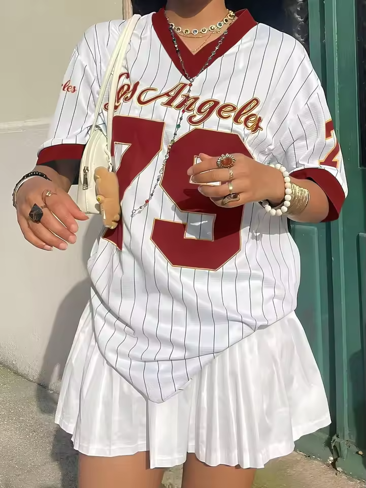 2025 Women Los AngelesLetter Print V-Neck Short Sleeve T-Shirt Summer Graphic Tee Baseball Jerseys Oversized Sport T-Shirt - Image 5