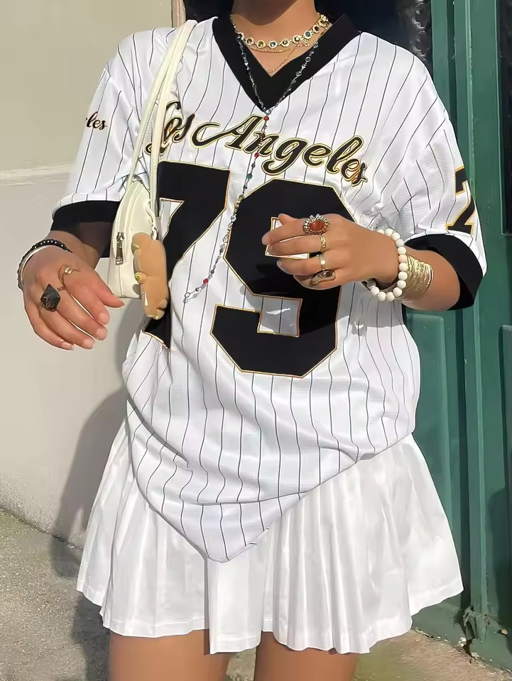 2025 Women Los AngelesLetter Print V-Neck Short Sleeve T-Shirt Summer Graphic Tee Baseball Jerseys Oversized Sport T-Shirt - Image 4