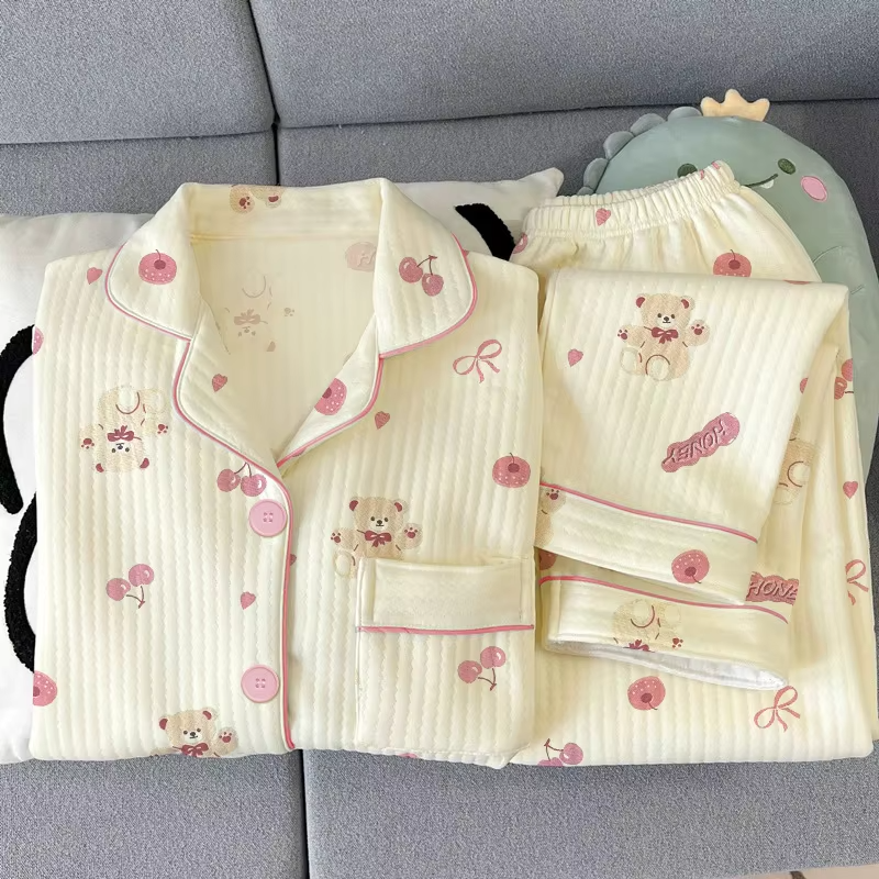 Women Spring Autumn Pajamas Set Korean Sleepwear Long Sleeve Lapel Cute Cartoon Bear Homewear Female Casual Loose Loungewear - Image 7