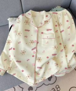 Women Spring Autumn Pajamas Set Korean Sleepwear Long Sleeve Lapel Cute Cartoon Bear Homewear Female Casual Loose Loungewear