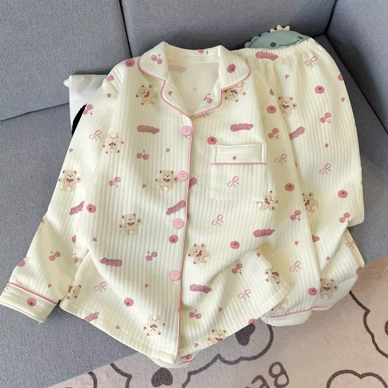 Women Spring Autumn Pajamas Set Korean Sleepwear Long Sleeve Lapel Cute Cartoon Bear Homewear Female Casual Loose Loungewear
