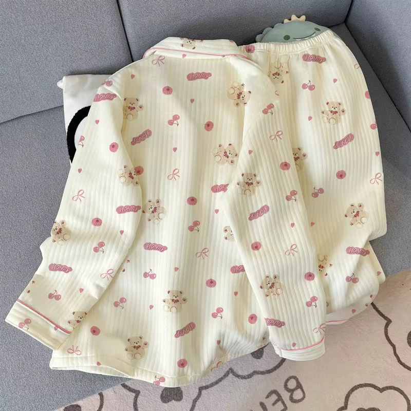 Women Spring Autumn Pajamas Set Korean Sleepwear Long Sleeve Lapel Cute Cartoon Bear Homewear Female Casual Loose Loungewear - Image 5