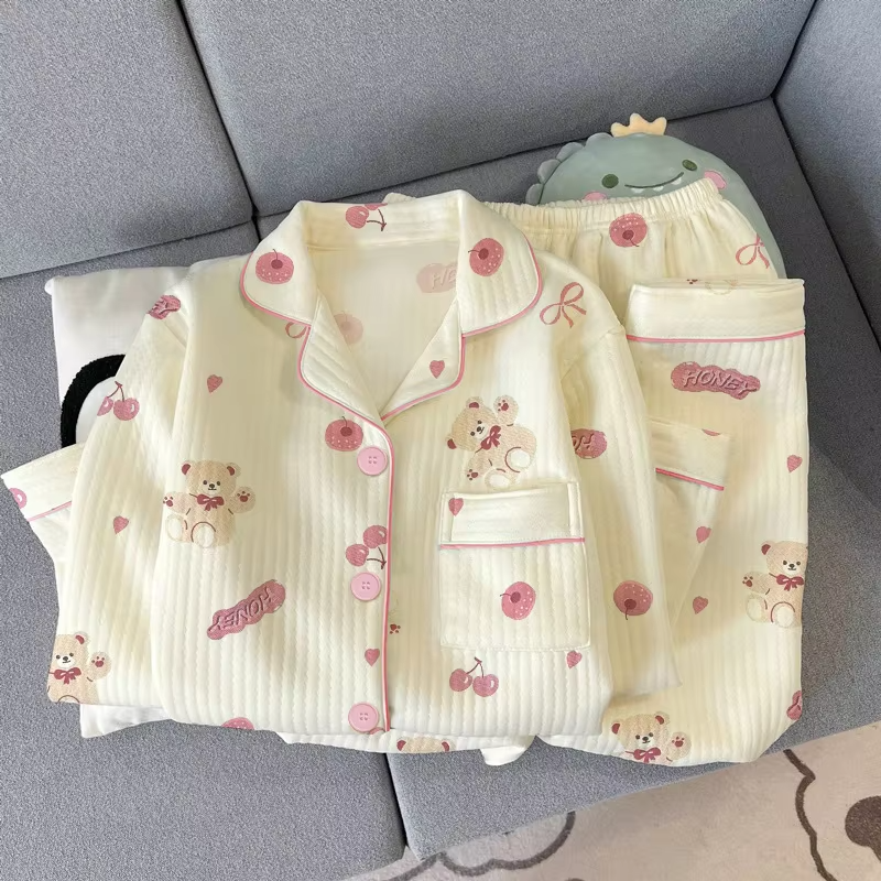 Women Spring Autumn Pajamas Set Korean Sleepwear Long Sleeve Lapel Cute Cartoon Bear Homewear Female Casual Loose Loungewear - Image 4