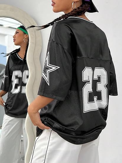 Verdusa Women's Jersey Shirts Graphic Tees Oversized Streetwear Letter Print T Shirt V Neck Tee Top - Image 15