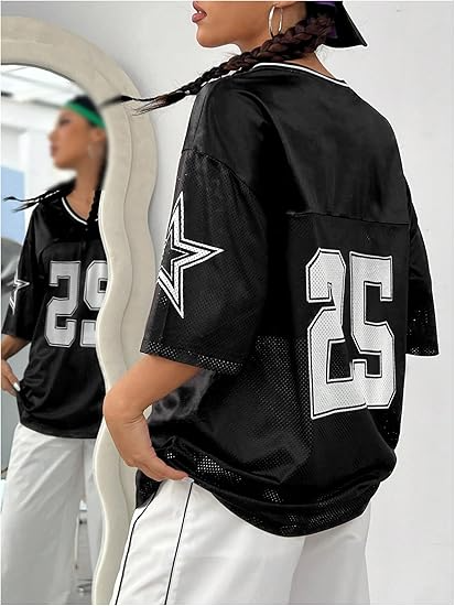 Verdusa Women's Jersey Shirts Graphic Tees Oversized Streetwear Letter Print T Shirt V Neck Tee Top - Image 14