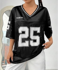 Verdusa Women's Jersey Shirts Graphic Tees Oversized Streetwear Letter Print T Shirt V Neck Tee Top