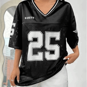 Verdusa Women's Jersey Shirts Graphic Tees Oversized Streetwear Letter Print T Shirt V Neck Tee Top