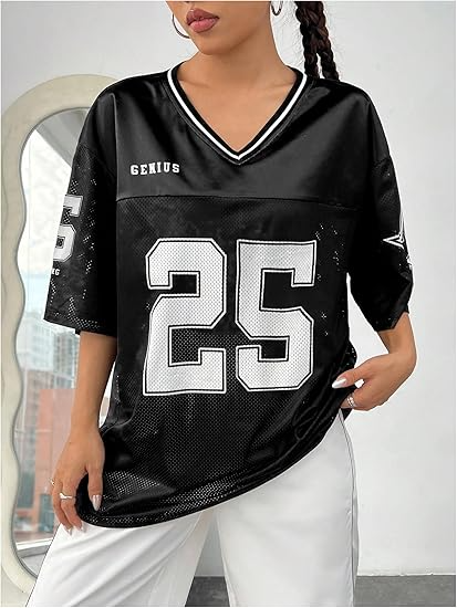 Verdusa Women's Jersey Shirts Graphic Tees Oversized Streetwear Letter Print T Shirt V Neck Tee Top