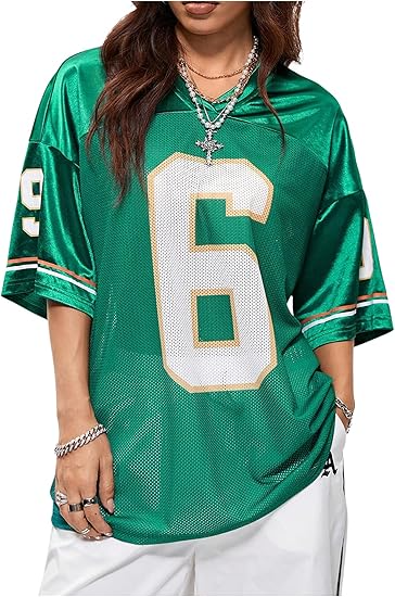 Verdusa Women's Jersey Shirts Graphic Tees Oversized Streetwear Letter Print T Shirt V Neck Tee Top - Image 12