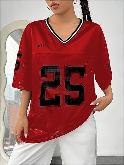 Verdusa Women's Jersey Shirts Graphic Tees Oversized Streetwear Letter Print T Shirt V Neck Tee Top - Image 10