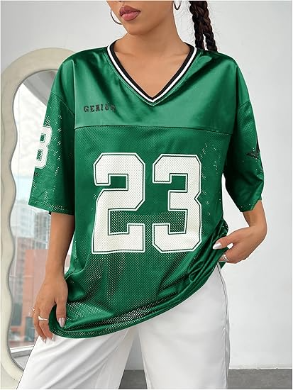 Verdusa Women's Jersey Shirts Graphic Tees Oversized Streetwear Letter Print T Shirt V Neck Tee Top - Image 9