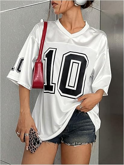 Women's Oversized Jersey Shirt Graphic Tees V Neck Short Sleeve Vintage T Shirts