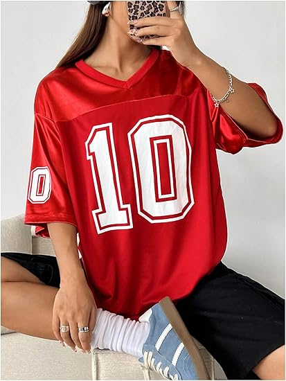 Women's Oversized Jersey Shirt Graphic Tees V Neck Short Sleeve Vintage T Shirts - Image 3