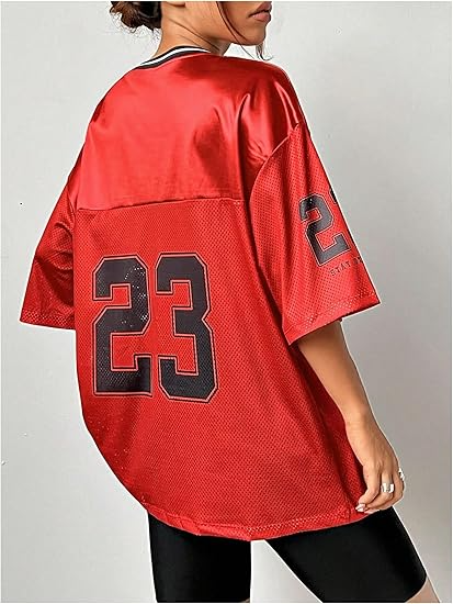 Verdusa Women's Jersey Shirts Graphic Tees Oversized Streetwear Letter Print T Shirt V Neck Tee Top - Image 5