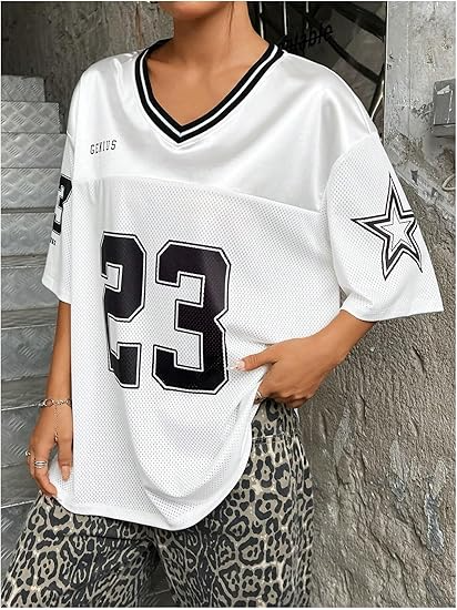 Verdusa Women's Jersey Shirts Graphic Tees Oversized Streetwear Letter Print T Shirt V Neck Tee Top - Image 4