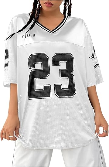 Verdusa Women's Jersey Shirts Graphic Tees Oversized Streetwear Letter Print T Shirt V Neck Tee Top - Image 3