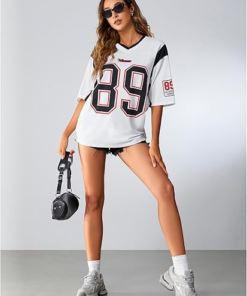 Women's Jersey Shirts Oversized Letter Print Graphic Tees V Neck Half Sleeve T Shirt Summer Tops (Copy)