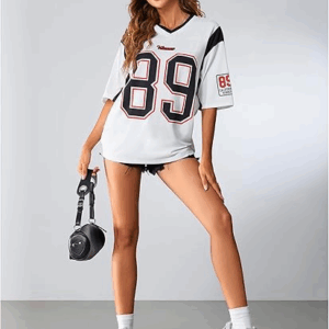 Women's Jersey Shirts Oversized Letter Print Graphic Tees V Neck Half Sleeve T Shirt Summer Tops
