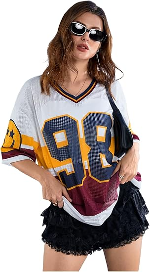 Women's Y2k Blokette Jersey Shirts Oversized Mesh Number Graphic Tees V Neck Half Sleeve Loose T Shirt Tops - Image 9