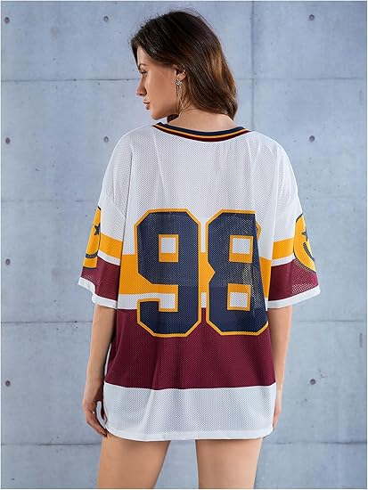 Women's Y2k Blokette Jersey Shirts Oversized Mesh Number Graphic Tees V Neck Half Sleeve Loose T Shirt Tops - Image 8