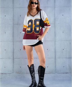 Women's Y2k Blokette Jersey Shirts Oversized Mesh Number Graphic Tees V Neck Half Sleeve Loose T Shirt Tops